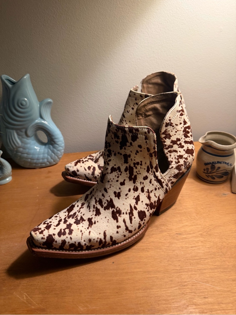 Ariat Cowhide Print Cutout Ankle Boots in Brown and White